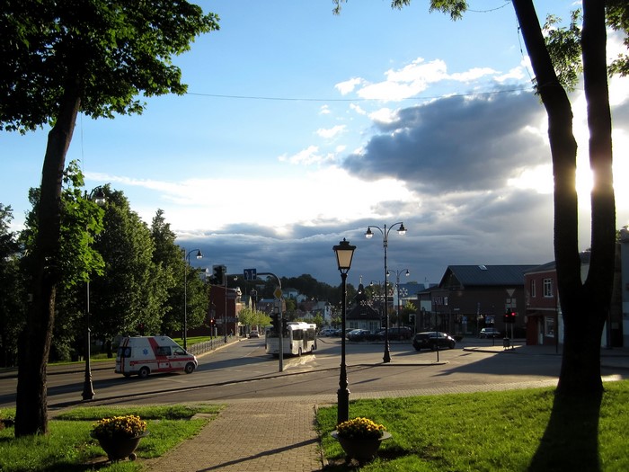 Street scene in Telsiai, Lithuania with an ambulance
