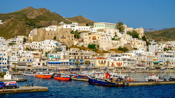Naxos Island Greece Harbor with Boats and Buildings