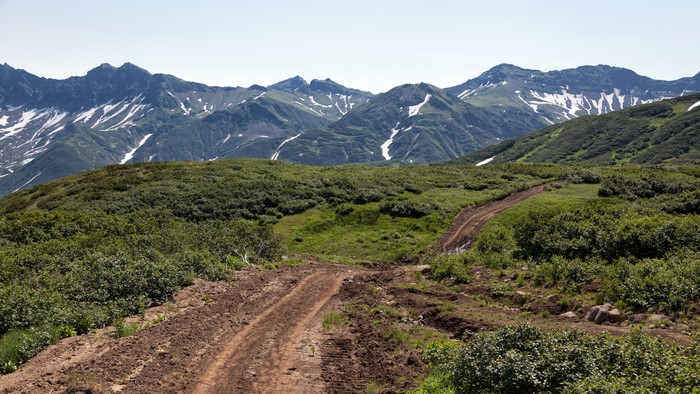 Mountains and green hills on Kamchatka Peninsula, Russia