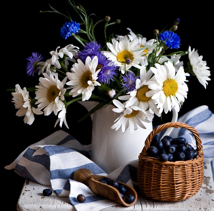Still-life with camomiles, cornflowers, and blueberries