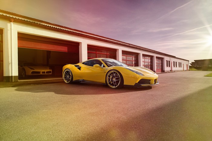 Yellow Novitec Rosso 488 GTB Ferrari in a Garage