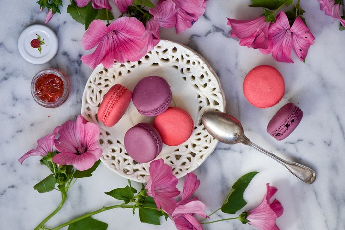 Still-life with Macarons, Jam, and Flowers