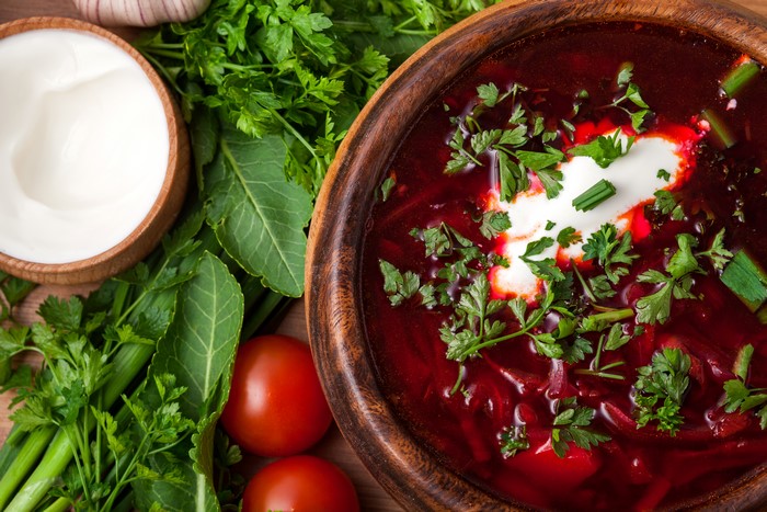 Borscht Soup with Sour Cream and Fresh Vegetables