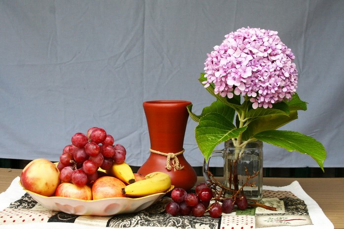 Still-life with Hydrangea, Grapes, Apples, Bananas, and Vase