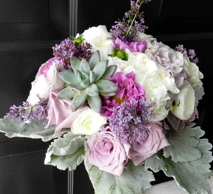 Bouquet with Roses, Eustoma, Lilac, and Succulents