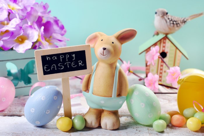 Easter bunny with sign and eggs