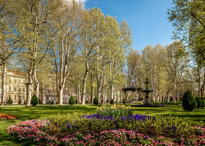 Park in City of Zagreb, Croatia with flower beds and trees