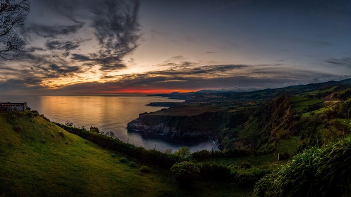 Sunset over the coast of Sao Miguel Island, Portugal