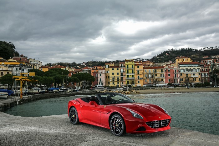 Red Ferrari California Convertible by the Sea