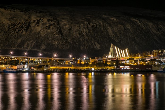 4K Tromso Norway Night Cityscape with Bridge and Church