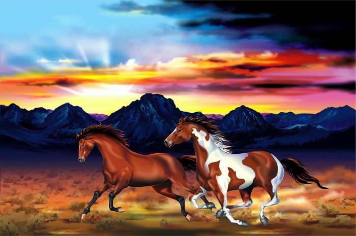 Two horses running in front of mountains at sunset