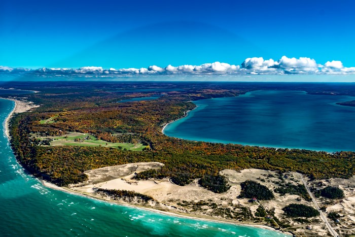 Aerial view of Crystal Lake Michigan coastline in autumn