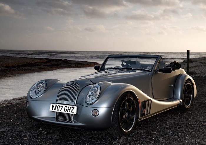Silver Morgan Aero 8 Cabriolet on a beach