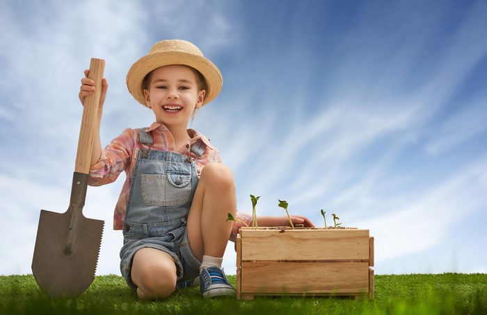 Girl with shovel and seedlings in a wooden crate