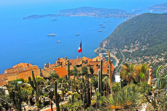 View of Eze, France with Mediterranean Sea and Cacti Garden