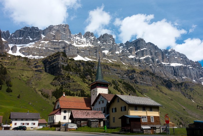 Urnerboden village with mountains in Switzerland