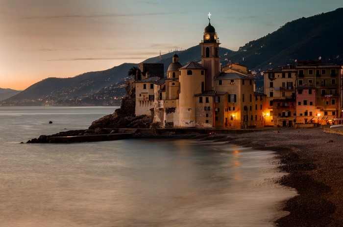 Camogli, Italy: Church and Houses on the Coast at Dusk