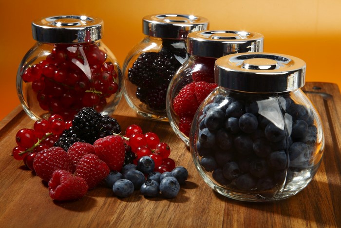Jars of Red Currants, Blackberries, Raspberries, and Blueberries