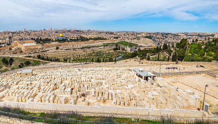 Panoramic view of Jerusalem with the Old City and Mount of Olives cemetery
