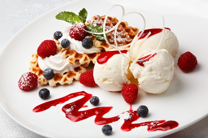 Ice cream with waffles and berries