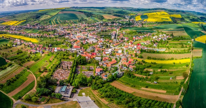 Aerial view of Borsice, Czech Republic with fields and houses