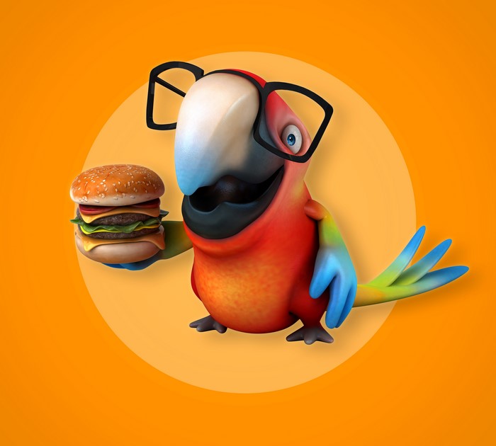 Parrot wearing glasses holding a hamburger