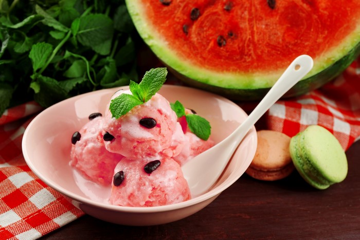 Watermelon Ice Cream with Macarons and Mint