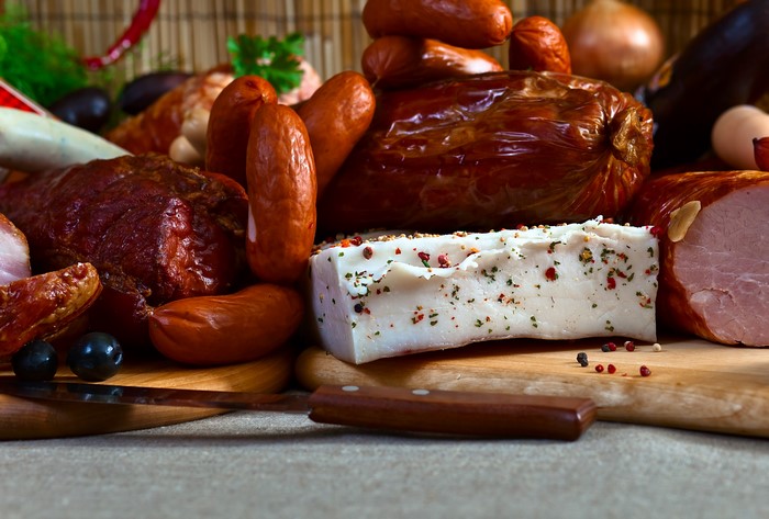 Assortment of Meat Products, Sausages, Ham, and Salo