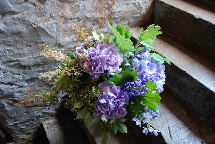 Bouquet of Hydrangeas on Stairs