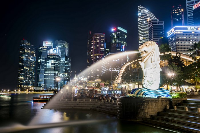 Singapore Merlion Fountain and Skyscrapers at Night