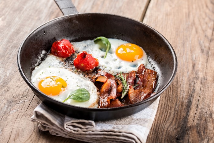 Fried eggs with bacon and tomatoes in a frying pan