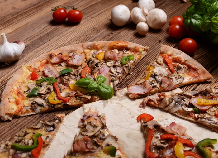 Pizza with Mushrooms, Peppers, and Bacon