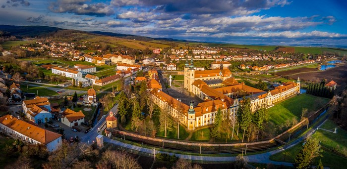 Velehrad Abbey, Czech Republic, with surrounding town and landscape