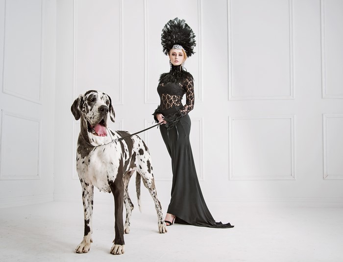 Woman in black dress with Great Dane
