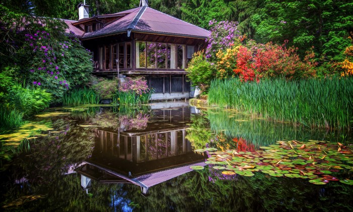 House and pond at Park Seleger Moor, Switzerland