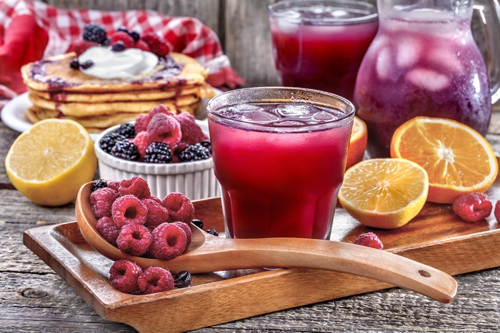 Raspberry and Blackberry Pancakes with Juice