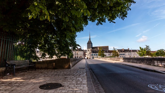 Romorantin, France: Bridge with Church and Houses