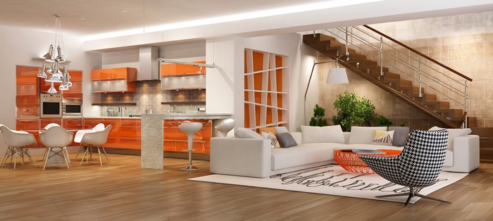 Modern Living Room and Kitchen with Orange Accents