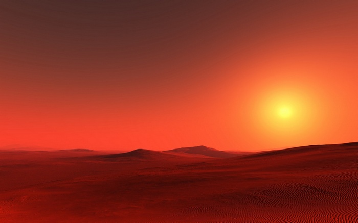 Martian landscape with a bright sun