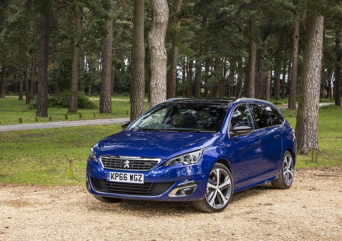 Blue Peugeot 308 SW GT Line parked in a forest