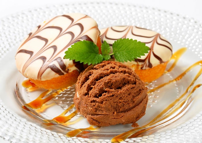 Pastries with Chocolate Ice Cream and Caramel Drizzle