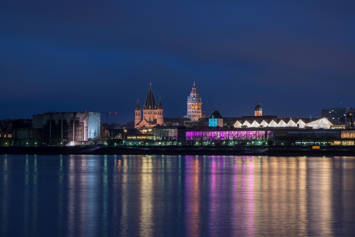 Mainz skyline at night with river reflections