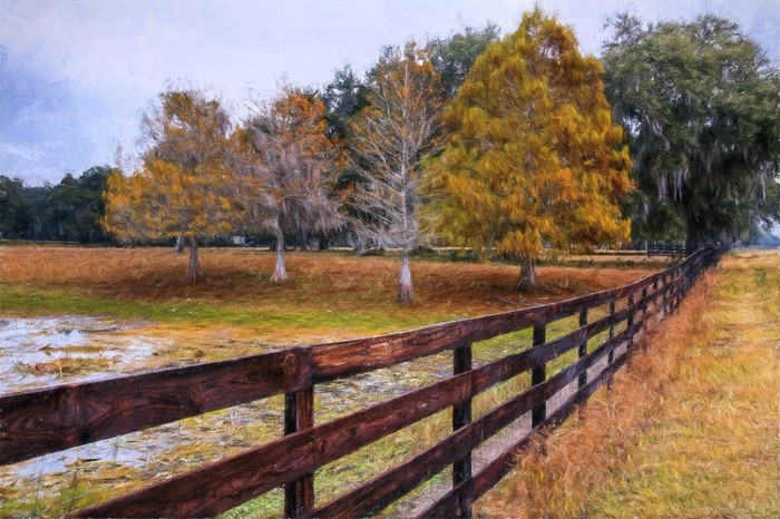 Autumn trees and wooden fence in pictorial art style