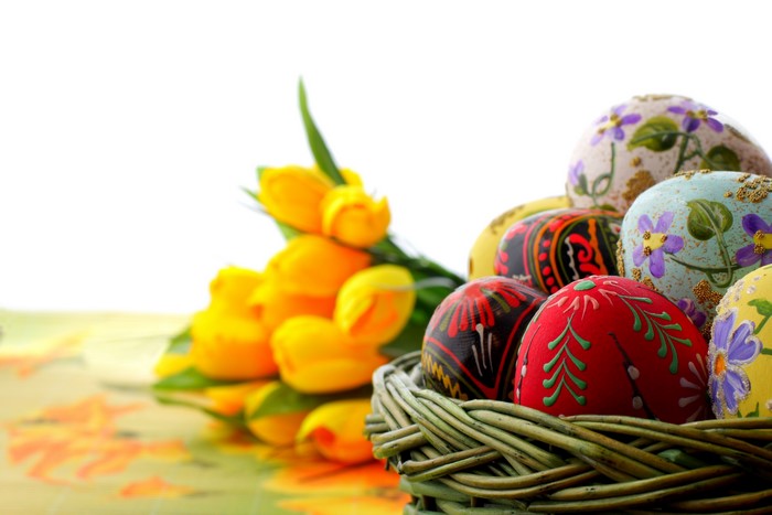Easter Eggs and Yellow Tulips in a Basket