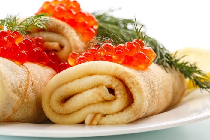 Pancakes with Red Caviar and Dill