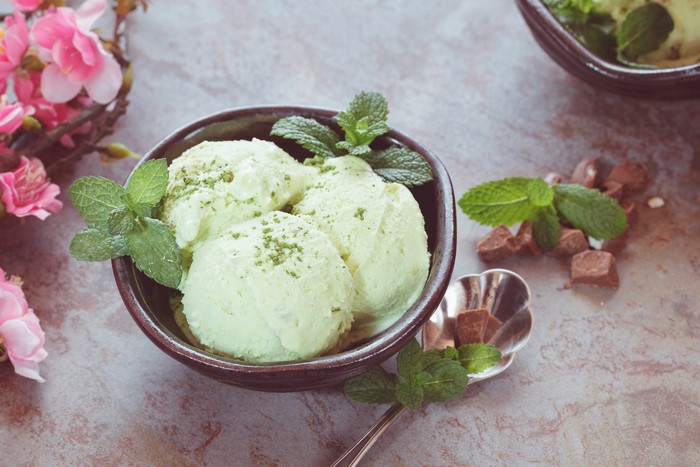 Mint chocolate chip ice cream in a bowl with mint leaves