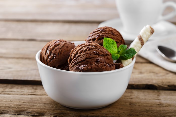 Chocolate ice cream scoops in a bowl with wafer and mint
