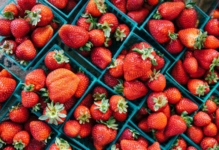 Many Strawberries in Teal Baskets