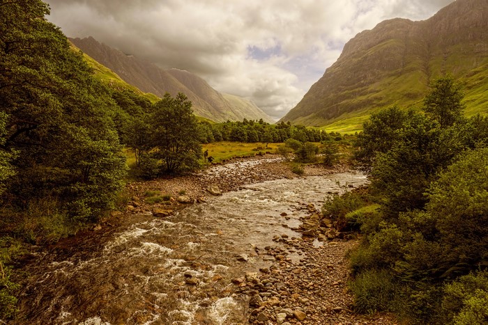 River flowing through a valley in Scotland with mountains