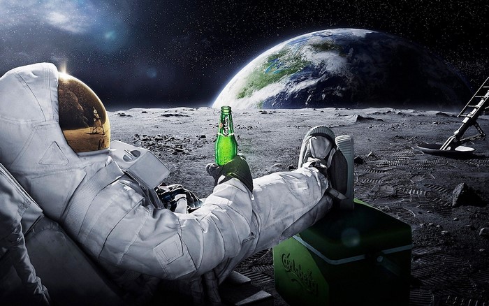 Astronaut drinking Carlsberg beer on the Moon with Earth in background